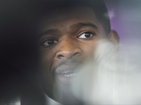 Nashville Predators hockey player P.K. Subban speaks to reporters prior to attending a Montreal Children's Hospital Foundation gala in Montreal, Wednesday, Aug. 30, 2017. Subban says he will not join athletes who kneel or otherwise protest during the U.S. national anthem. THE CANADIAN PRESS/Graham Hughes