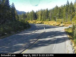 Hwy 99, at Daisy Lake Rd about 26 km south of Whistler, looking north.