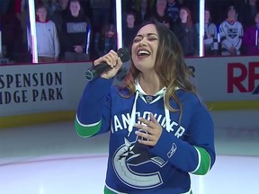 Arielle Tuliao sings the anthem before a Vancouver Canucks game. She'll perform O Canada during a salute to Canadian fans at the Seattle Seahawks contest Sunday.