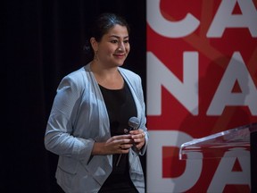 Maryam Monsef, Minister of Status of Women, makes an announcement regarding funding for seven projects that will help advance gender equality in B.C during a press conference in Vancouver, B.C., on Friday September, 2017. THE CANADIAN PRESS/Ben Nelms