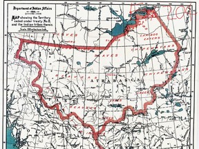 A Department of Indian Affairs map from 1900 "showing the territory ceded under treaty No. 8 and the Indian tribes therein."