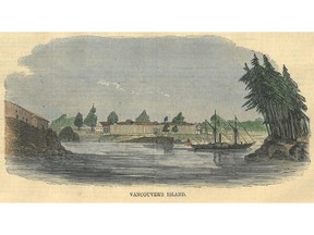 A July 17, 1858 illustration from Harper's Weekly magazine showing what it called Vancouver's Island, probably Fort Victoria.