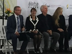 Premier Brad Wall (left) was joined by famed director James Cameron (second from right) and Suzy Amis Cameron (right) on Sept. 18, 2017 to announce a partnership with a Saskatchewan non-profit research group to develop organic food products from a new pulse processing plant being built in Vanscoy