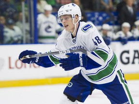 Olli Juolevi skates during NHL preseason hockey action against the Winnipeg Jets at the Young Stars Classic held at the South Okanagan Events Centre in Penticton, BC, September, 8, 2017.