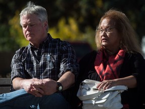 Claudia Williams sits with retired RCMP Staff Sgt. Gary Kerr before they testified about her sister Alberta Williams, who was found dead along the Highway of Tears in 1989 at the age of 24, during hearings at the National Inquiry into Missing and Murdered Indigenous Women and Girls in Smithers, B.C., on Wednesday.