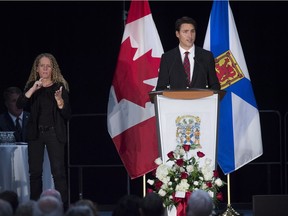 Prime Minister Justin Trudeau delivers remarks at a celebration of the life of Allan MacEachen, the longtime Nova Scotia MP, cabinet minister, senator and Canada's first deputy prime minister, in Antigonish, N.S., on Sunday, Sept. 17, 2017.