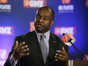 FILE - In this Jan. 29, 2015, file photo, NFL Players Association Executive Director DeMaurice Smith speaks during a news conference for NFL Super Bowl XLIX football game, in Phoenix. DeMaurice Smith has been re-elected as executive director of the players' union in a special committee vote. The 14-0 vote took place Tuesday night, Sept. 19, 2017.(AP Photo/David J. Phillip, File)