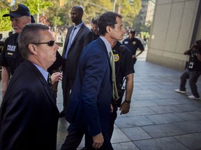 Former Congressman Anthony Weiner (D-N.Y.) arrives at federal court for his sentencing hearing in a sexting scandal, Monday, Sept. 25, 2017, in New York. (AP Photo/Andres Kudacki)