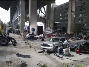 Cast and crew on the set of Deadpool 2 filming underneath the Granville Street bridge in Vancouver, BC Wednesday, August 16, 2017.