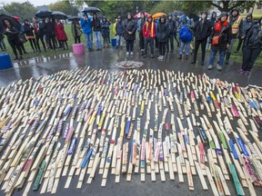 More than 2,000 stakes, many with names inscribed, representing opioid overdose deaths, on display at Oppenheimer Park in Vancouver's Downtown Eastside last fall.