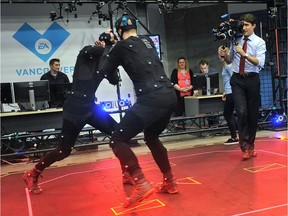 Prime Minister Justin Trudeau in action at Electronic Arts Canada's Capture Lab in Burnaby on May 18, 2017.