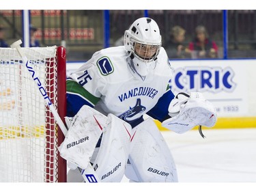 Vancouver Canucks goalie Michael DiPietro during NHL preseason hockey action against the Winnipeg Jets on Friday, September 8.