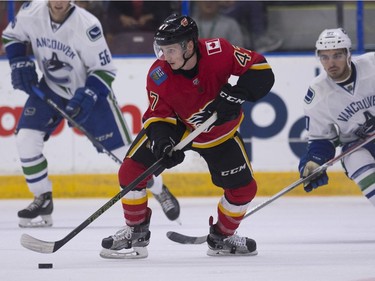 Calgary Flames Matthew Phillips handles the puck.