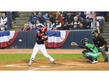 A hit by Cs #31 DH Brock Lundquist, during game 4 of the Northwest League Championship series.