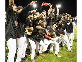 Vancouver Canadians players celebrate their championship win against the Eugene Emeralds at Nat Baily Stadium.