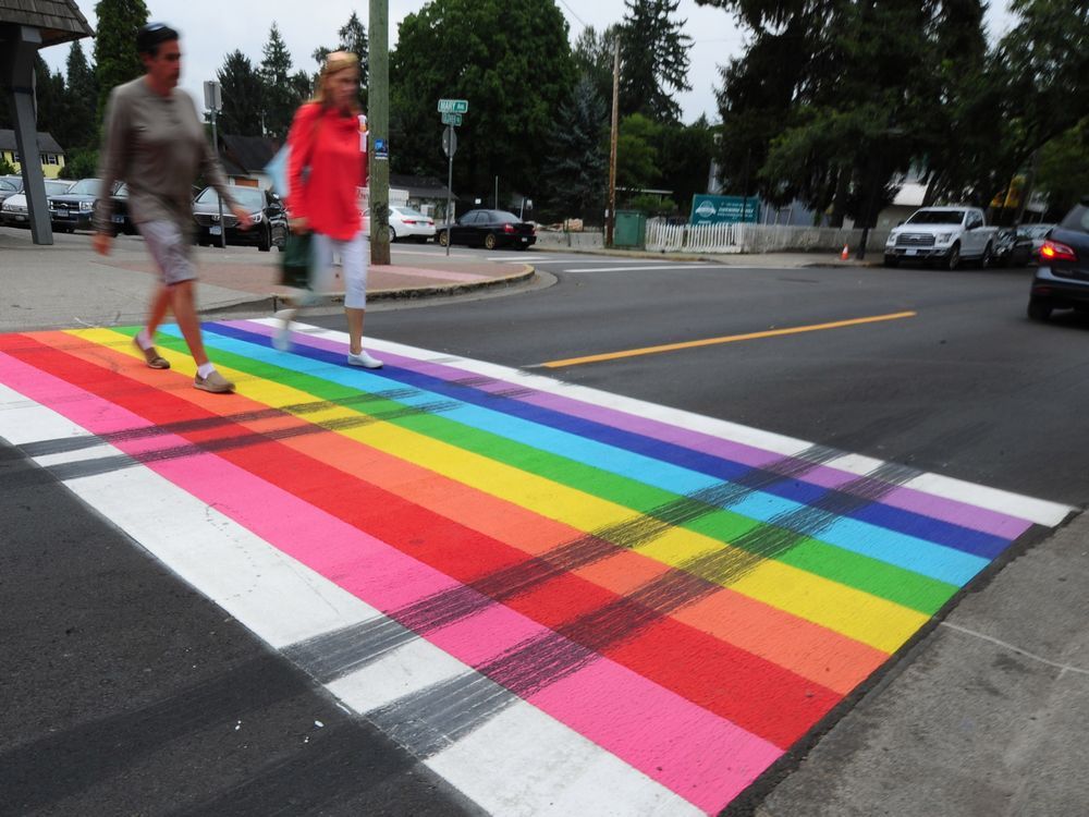 Langley's rainbow crosswalk defaced by tire marks | Vancouver Sun