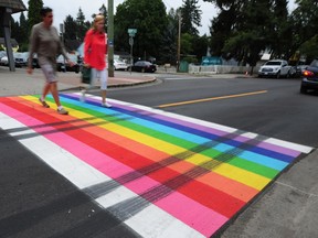 Someone laid rubber over the newly painted rainbow crosswalk in Langley on Friday night or Saturday morning.