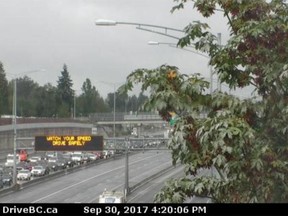 The Port Mann Bridge traffic camera facing east after a crash that led to heavy congestion Saturday afternoon.