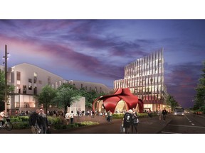 Artist rendering showing the red, retail pavilion designed by Ryan Bragg of Perkins + Will in the plaza in front of 565 Great Northern Way and the new Emily Carr University of Art + Design. The seven-storey building is being built by PCI Developments and is expected to open in spring, 2018.
