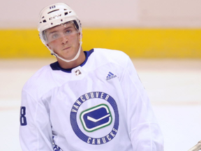 Jake Virtanen works out on Wednesday at the Vancouver Canucks 2017 training camp at Rogers Arena.