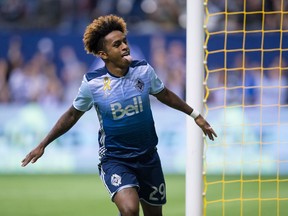 Vancouver Whitecaps' Yordy Reyna celebrates his goal against Minnesota United during the first half of an MLS soccer game in Vancouver, B.C., on Wednesday September 13, 2017.