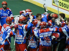 The Peterborough Lakers celebrate winning the Ontario Senior A boxla title on Thursday night.