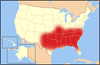 U.S. Bible Belt shown in red.