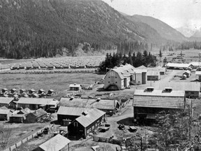 An aerial view, looking east, of Tashme, B.C., Canada's largest wartime internment camp for Canadians of Japanese descent.