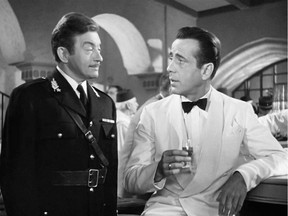 The movie Casablanca, directed by Michael Curtiz. Seen here from left, Claude Rains as Captain Renault and Humphrey Bogart as Rick Blaine.