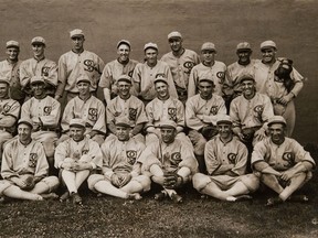 Team photo of the 1919 Chicago White Sox. The team won the American League pennant, but lost the World Series to the Cincinnati Reds. It later came out that seven players had accepted bribes from gamblers. An eighth player knew about the plan, but didn't divulge it to authorities. All eight players would up being banished for life, including the great Shoeless Joe Jackson (middle row, fourth from left).