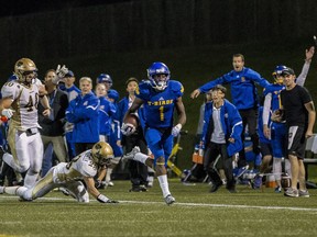UBC Thunderbirds receiver Trivel Pinto runs down the sidelines during a U Sports Canada West conference game against the University of Manitoba Bisons.