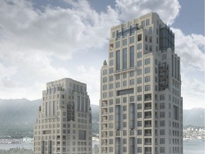 Developers, Landa Global Properties and Asia Standard Americas,  submitted a rezoning application for a two-tower development at 1400 Alberni Street. These are artists' drawings of the proposed development.