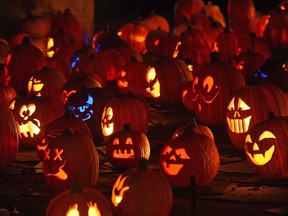 Halloween pumpkins light up the night.