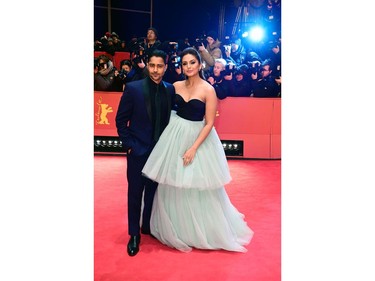 US actor Manish Dayala (L) and Indian actress Huma Qureshi arrive for the screening of the film 'Viceroys House' in competition at the 67th Berlinale film festival in Berlin on February 12, 2017.