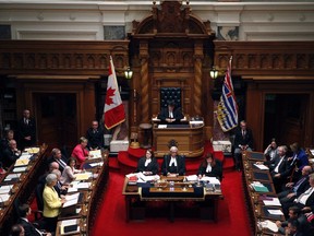 B.C. Finance Minister Carole James delivers the budget from the legislative assembly at Legislature in Victoria, B.C., on Monday, September 11, 2017.