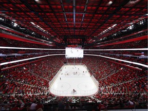 Detroit Red Wings play against the Boston Bruins at Little Caesars Arena in the first period of an NHL preseason hockey game, Saturday, Sept. 23, 2017, in Detroit.