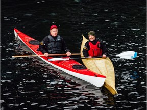 B.C. explorer Kevin Vallely paddles with Postmedia News reporter Larry Pynn (left) at Cassel Falls off West Redonda Island, during final leg of Canada C3 voyage around Canada’s coastline.