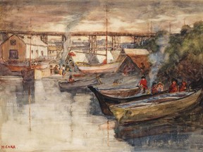 Emily Carr's watercolour Indian Encampment, Vancouver (circa 1908-9). The painting shows the old Kitsilano Indian Reserve on the south side of False Creek, which is today's Vanier Park.