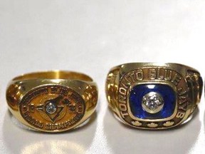 Peel Police say that they have recovered two personalized Blue Jays rings, shown here in an undated police handout image, which were stolen from the home of a former Jays executive in 1994. THE CANADIAN PRESS/HO-Peel Police Service, *MANDATORY CREDIT*