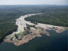 Contents from a tailings pond are pictured going down the Hazeltine Creek into Quesnel Lake near the town of Likely, B.C. on Aug., 5, 2014.