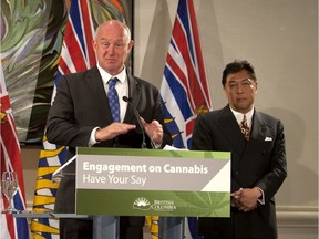 B.C. Solicitor-General and Public Safety minister Mike Farnworth speaks to media at the Union of B.C. Municipalities convention at the Vancouver Convention Centre on Monday, Sept. 25, 2017, about the province's plan to conduct consultation with several stakeholder groups in anticipation of the federal government's plan to legalize marijuana in July 2018. Vancouver city councillor Kerry Jang, background, also spoke. Credit: Mike Bell/PNG [PNG Merlin Archive]
PNG