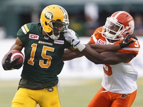 B.C. Lions defensive back Buddy Jackson gets in the grill — literally — of Edmonton Eskimos wide receiver Vidal Hazelton carrying the ball during a July 28 CFL game at Commonwealth Stadium in Edmonton. The Eskimos, with a win Saturday over the Lions, would eliminate the Leos from playoff contention.