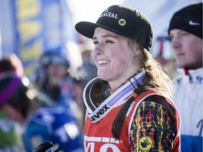 Marielle Thompson of Canada smiles after wining the freestyle ski cross World Cup in Idre, Sweden, Sunday Feb. 14, 2016.