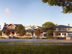 An artist rendering of the new exterior streetscape of the three heritage homes at West 16th Avenue and Burrard Street.