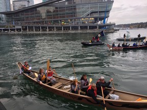 First Nations canoes greet the Canada C3 icebreaker Polar Prince on Monday morning as it enters the Port of Vancouver.