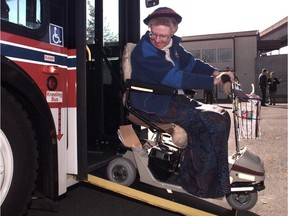 FILE PHOTO - Lynn Meredith loves these new buses which offer a very low floor, ramp and room for safely riding inside. All new buses bought by BC Transit will offer these features.