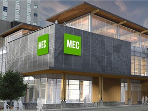 Mountain Equipment Co-op (MEC) flagship Vancouver store at at the northeast corner of Quebec Street and 2nd Ave.