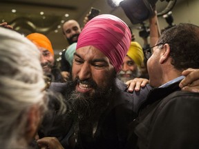 Jagmeet Singh celebrates with supporters after winning the first ballot in the NDP leadership race to be elected the leader of the federal New Democrats in Toronto on Sunday, October 1, 2017.