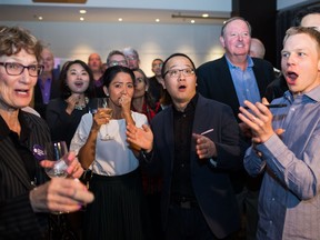 NPA City Council candidate Hector Bremner's supporters watch the polls come in at his election night party in Vancouver on Saturday.