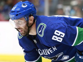 Sam Gagner of the Vancouver Canucks waits for a faceoff during their NHL game against the Edmonton Oilers at Rogers Arena on Oct. 7, 2017.